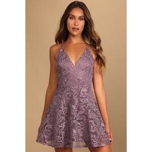 Lulus Just Us Tonight Purple Embroidered Strappy Skater Dress - Size XS